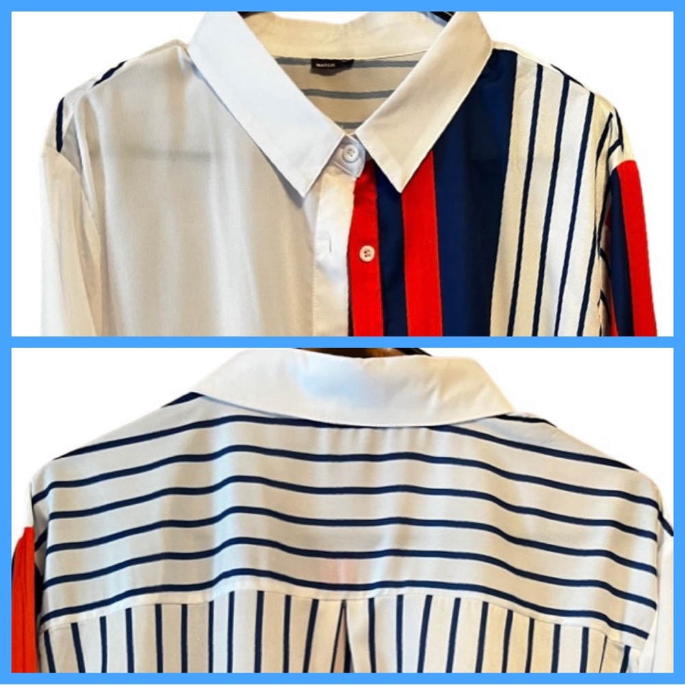 Women's Long Sleeve Red,White & Blue Button Down Blouse XL